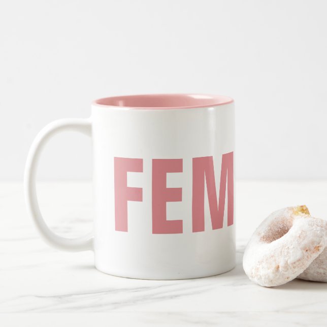 FEMINIST Two Tone Mug: Pink and White Two-Tone Coffee Mug (With Donut)