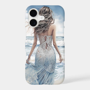 FEMME À L'AQUARELLE EN ROBE BLEUE SUR LA PLAGE