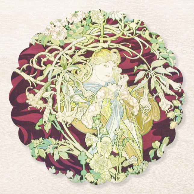 Femme à marguerite - Mucha daisy textile repro Paper Coaster (Front)