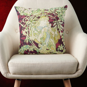 Femme à marguerite - Mucha daisy textile repro Throw Pillow