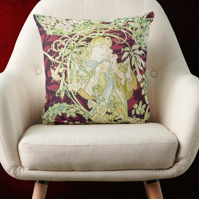Femme à marguerite - Mucha daisy textile repro Throw Pillow (Creator Uploaded)