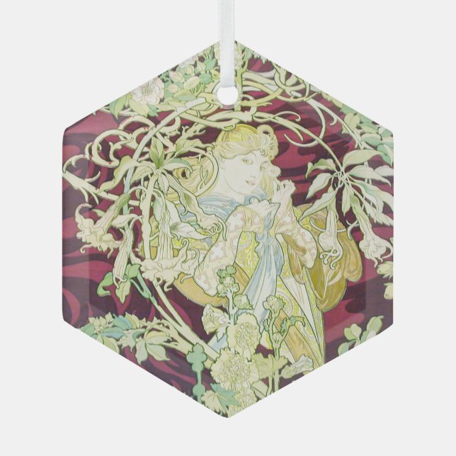 Femme à marguerite - Mucha textile panel repro Glass Ornament (Front)