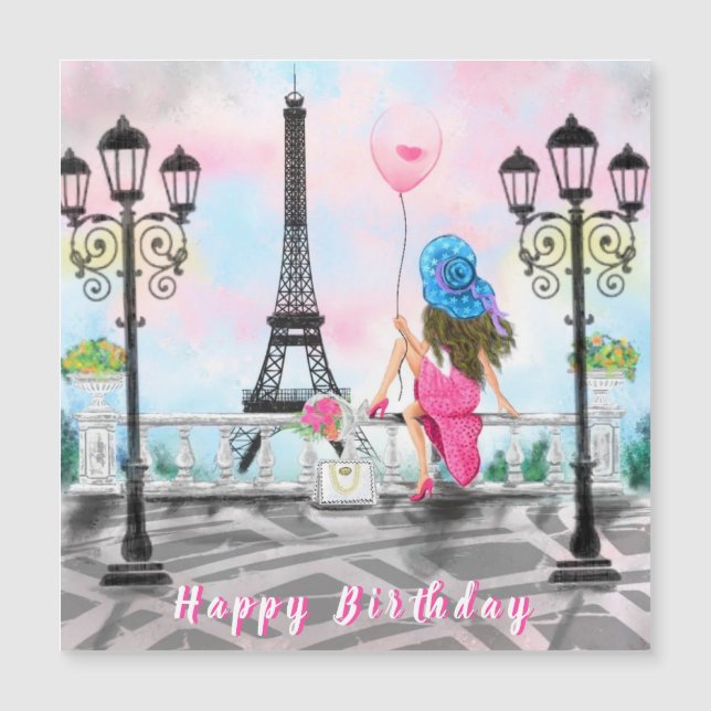Femme À Paris Carte Anniversaire Magnet Tour Eiffe (Devant)