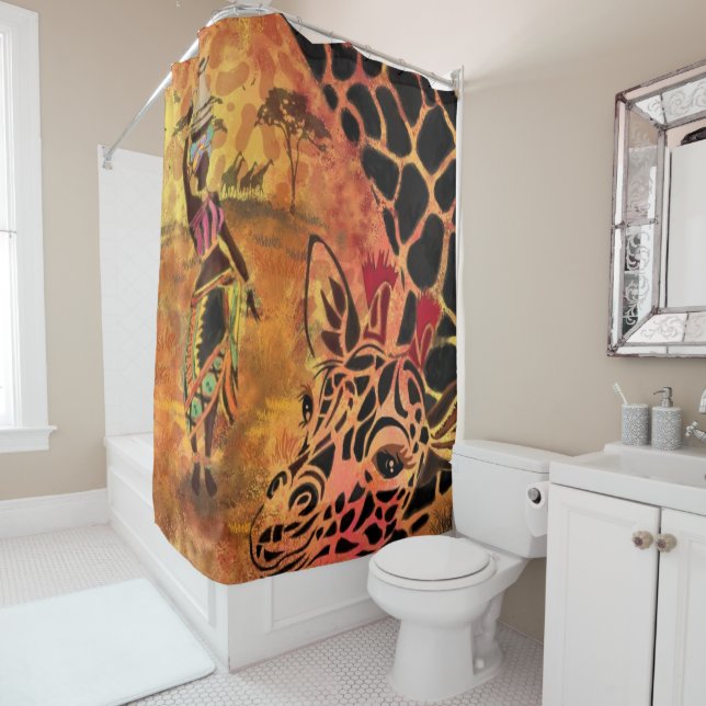 Femme africaine et rideau de douche en girafe (En situation)