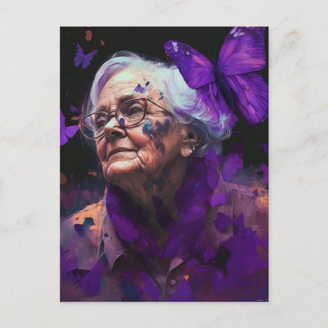 Femme Âgée Avec Papillons Carte Postale (Devant)