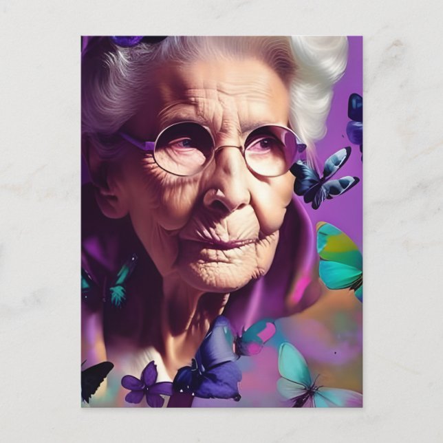 Femme âgée en violet avec papillons Carte postale (Devant)