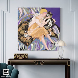 Femme Art Déco Vintage avec Chat par S. Chompre
