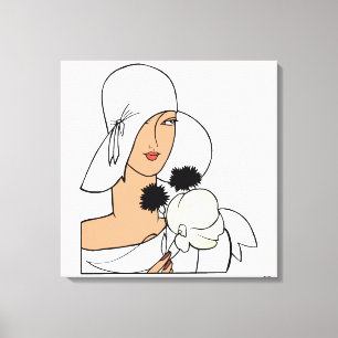 Femme Art Déco Vintage avec Fleurs Portant un Chap