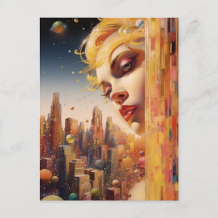 Femme aux cheveux blonds sur une carte postale de