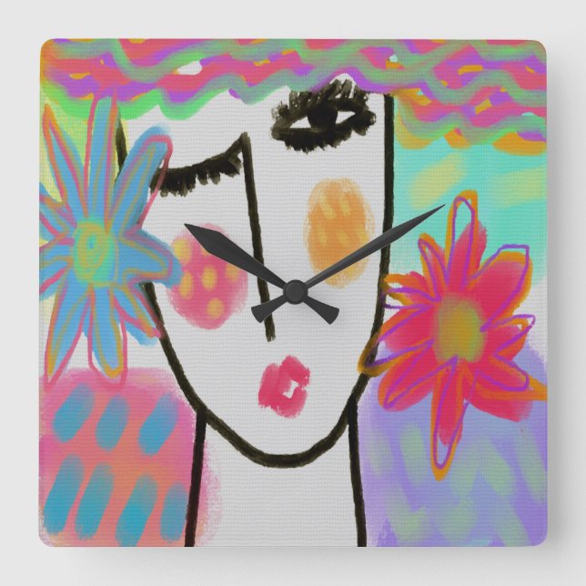 Femme aux fleurs Funky Art Abstrait Grande horloge (Recto)