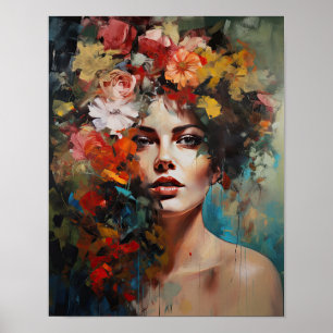 Femme avec affiche d'art de tête de fleur