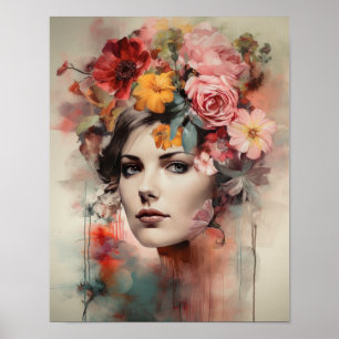 Femme avec affiche d'art de tête de fleurs