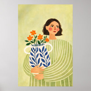 Femme avec affiche de vase, portrait botanique mod