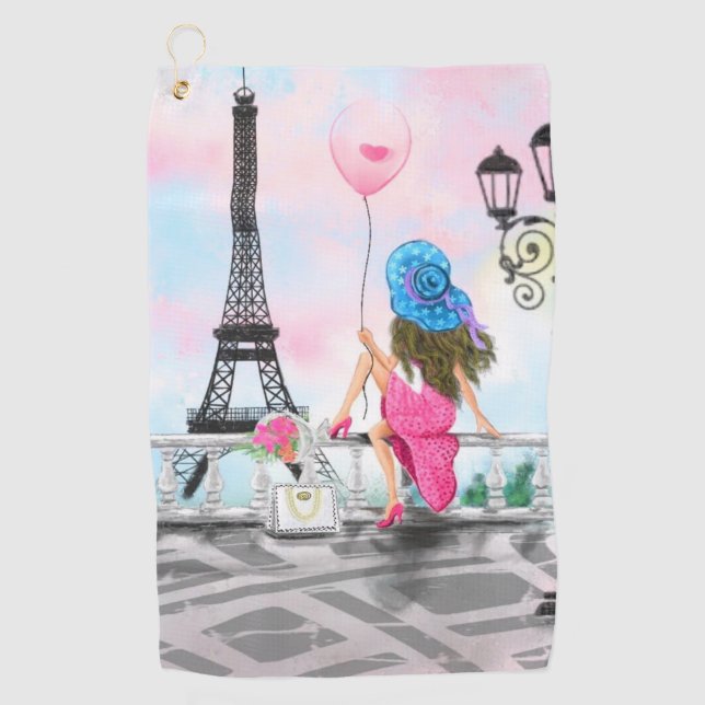 Femme avec Balloon à Paris Serviette de golf (Devant)