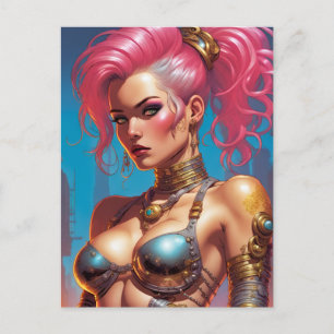 Femme Avec Belle Carte Postale De Cheveux Rose
