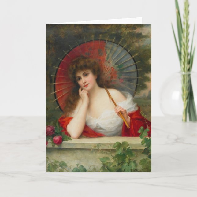 Femme Avec Carte De Voeux Parasol (Devant)