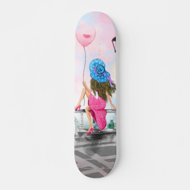 Femme avec Pink Heart Balloon Skateboard cadeau (Devant)