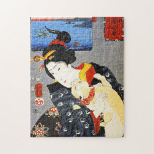 Femme de Kuniyoshi avec un puzzle de chat