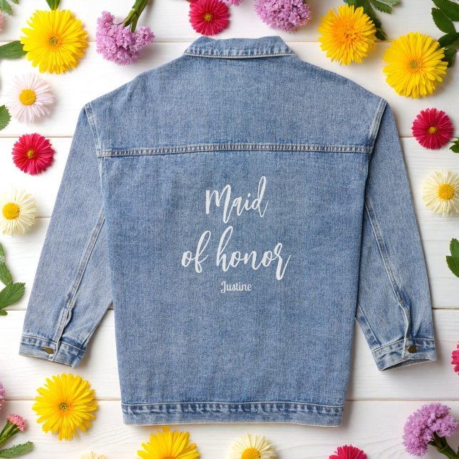 Femme d'honneur Mariage blanc Script Denim Jacket (Créateur téléchargé)
