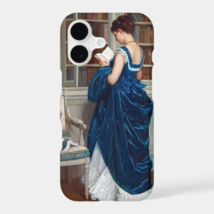 Femme en bleu, lisant un étui pour iPhone 13