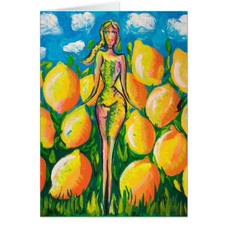 Femme et citrons vierges sur la carte de voeux