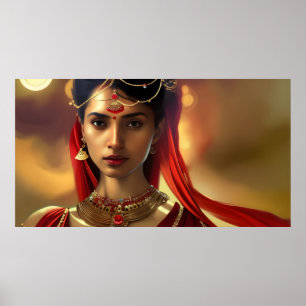 Femme indienne asiatique Affiche colorée rouge dor
