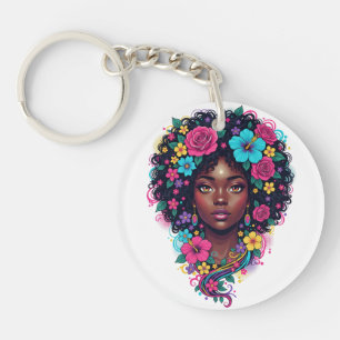 Femme noire profonde avec afro orné de fleurs vive