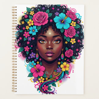 Femme noire profonde avec afro orné de fleurs vive