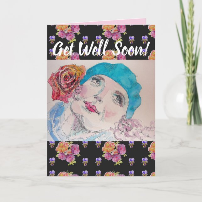 Femme Rose Floral obtenir bien bientôt carte d'art (Devant)