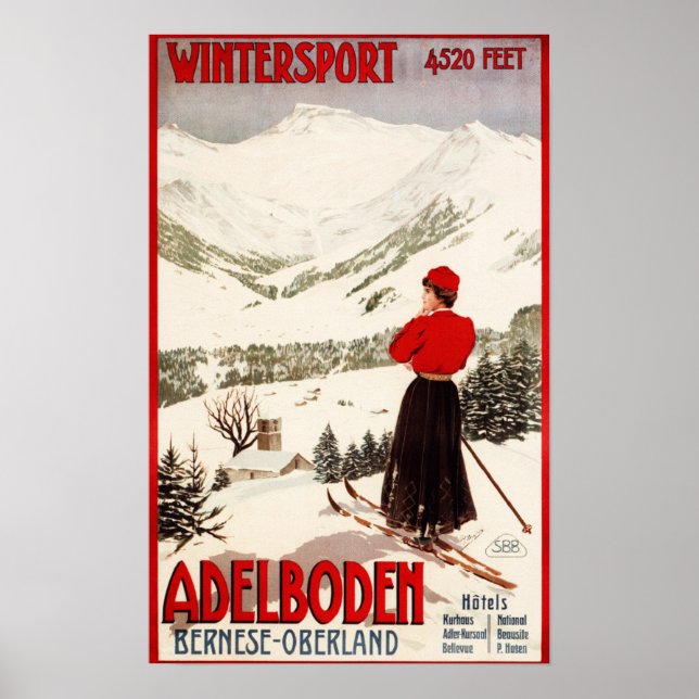 Femme Skier Vue sur Adelboden Poster (Devant)