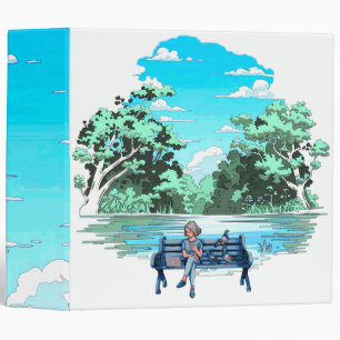 Femme sur banc avec Pigeons Design Classeur