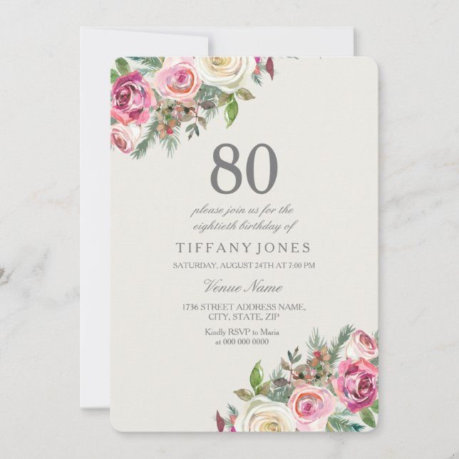Femmes Roses Blanches 80e anniversaire Invitation  (Devant)