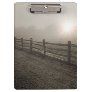 Fence and Sunburst Through Fog near Sharon Clipboard