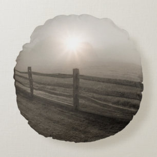 Fence and Sunburst Through Fog near Sharon Round Pillow