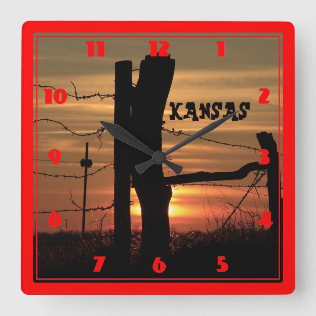 Fence Line Sunset Silhouette Square Wall Clock (Front)