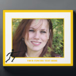 Fencer black silhouette with sword fencing custom plaque<br><div class="desc">Fencer black silhouette fencing custom plaque featuring a minimalist pictogram icon of a black silhouette of a fencer holding his sword and your text on white background with yellow border. This cool, modern design is a template and it is completely customizable. Personalize it and change text with monogram, name or...</div>