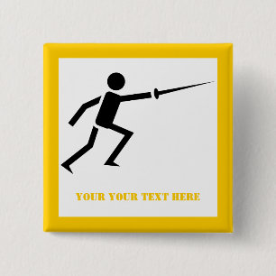 Fencer black silhouette with sword fencing yellow 2 inch square button