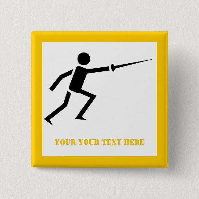 Fencer black silhouette with sword fencing yellow 2 inch square button (Front)