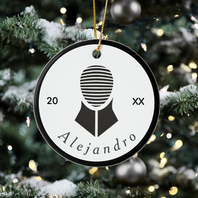Fencing Black White Grey Fencer Custom Name & Year Ceramic Ornament (Creator Uploaded)