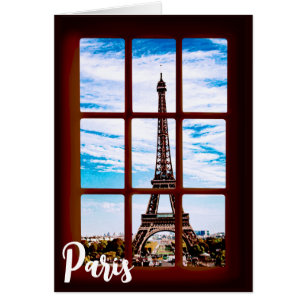 Fenêtre en bois avec vue sur la Tour Eiffel, Paris