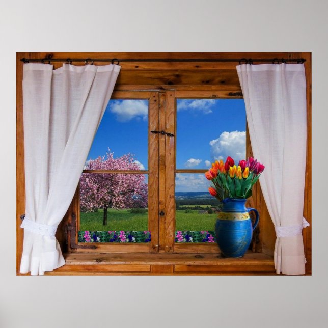 Fenêtre Rideaux Fleurs Paysage Affiche de la natur (Devant)