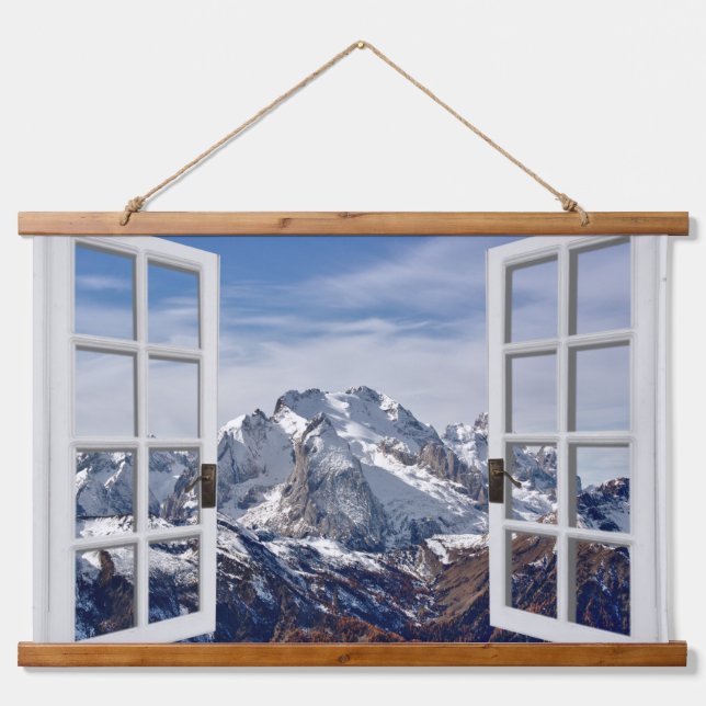 Fenêtre Vue Montagnes neigeuses Tapisserie murale (Devant)