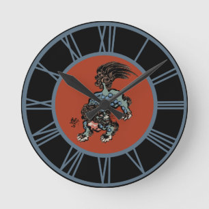 Feng Shui Chinese Shi Lion Blue Numbers Round Clock