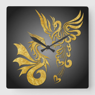 Feng Shui Golden Phoenix & Dragon Clock - black