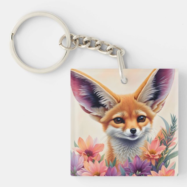 Fennec Fox Floral Portrait Painting Keychain (Front)