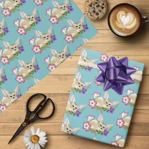 Fennec Fox Pink Purple Flowers Cute Blue Boitanica Wrapping Paper