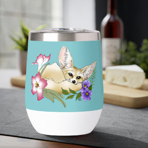 Fennec Fox Pink Purple Flowers Cute Blue Botanical