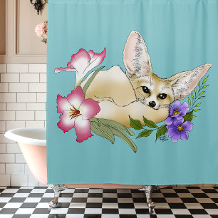 Fennec Fox Pink Purple Flowers Cute Blue Botanical