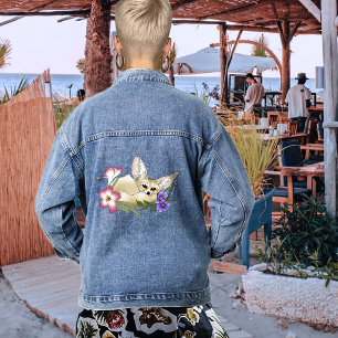 Fennec Fox Pink Purple Flowers Cute Blue Botanical Denim Jacket