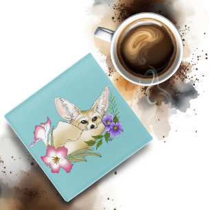 Fennec Fox Pink Purple Flowers Cute Blue Botanical Glass Coaster
